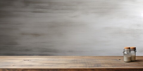 Poster - Gray background with empty wooden table top, used for displaying or arranging products.