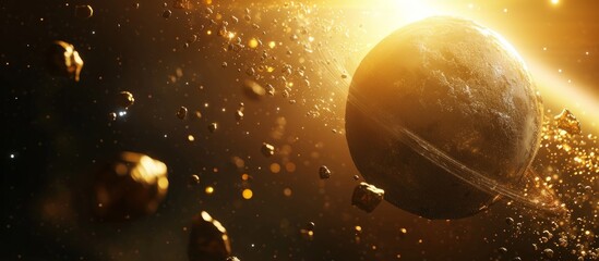 Wall Mural - unknown planet in deep space with asteroids and gold particles in 3d illustration.