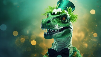 Wall Mural - Dinosaur costume fashion and flower on green golden bokeh background. St.Patrick’s Day. presentation. advertisement. invite invitation. copy text space.