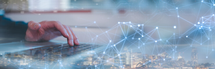 Digital technology internet network connection concept digital marketing IoT internet of things hand using computer surfing internet futuristic innovative technology blurred city light background