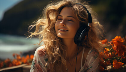 Wall Mural - One young woman, smiling, enjoying nature with headphones on generated by AI