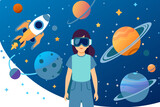 Fototapeta  - Virtual reality concept. Girl in space next to planets and rocket. Character in VR glasses metaphor of innovations and modern technologies. Games or learning. Cartoon flat vector