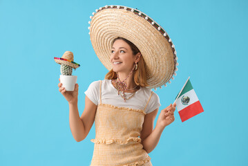 Sticker - Pretty young woman in sombrero with cactus and Mexican flag on blue background