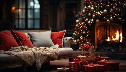 Poster - Comfortable living room with illuminated Christmas tree generated by AI