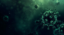 3D Illustration Of Green Virus Particles On A Dark Background, Symbolizing Scientific Concepts Of Virology And Infectious Diseases