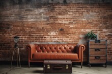 Mock Up Image Of A Loft's Interior. Leather Sofa And Vintage Wooden And Metal Trunk Against Brown Red Brick Wall. Background Image With Text Copy Space. Horizontal