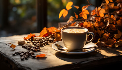 Sticker - Hot drink on wooden table, autumn leaves in background generated by AI