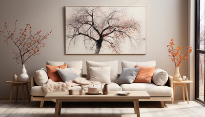 Poster - Modern, comfortable living room with elegant design and wood flooring generated by AI