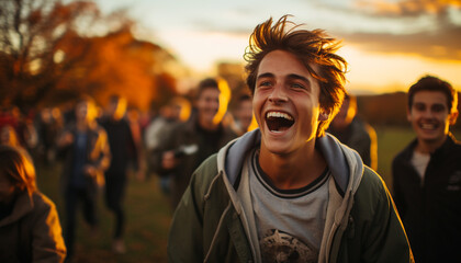 Poster - A group of cheerful men and women enjoy outdoor activities generated by AI