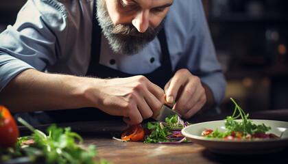 Wall Mural - One man cooking healthy vegetarian food, cutting fresh ingredients generated by AI