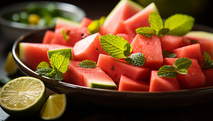 Wall Mural - Fresh watermelon slice, mint leaf, healthy dessert on wooden table generated by AI