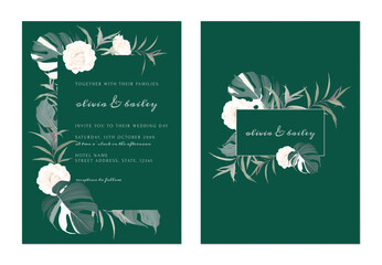 Wall Mural - Wedding invitation template, elegant green floral on dark green