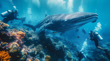 A Group Of Scuba Diving Student In Tropical Ocean Coral Reef Sea Under Water With Big Whale, Generative Ai