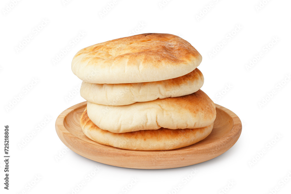 Plate of tasty pita bread on white background