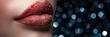 glittering lipstick on closeup of woman's lips with bokeh background for beauty concept