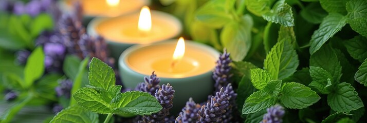 spa day concept with tealight candles and lavender and mint herbs