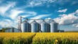 Agricultural Silos - Building Exterior, Storage and drying of grains, wheat, corn, soy, sunflower against the blue sky with rice fields. copy space for text.