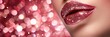 glittering lipstick on closeup of woman's lips with bokeh background for beauty concept