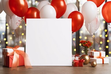 Wall Mural - Blank white frame paper greeting card with balloons giftbox on bright bokeh background. Valentine's day-christmas-new year. birthday party. Mockup presentation. advertisement. copy text space.