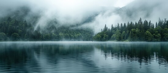 Poster - Gorgeous serene lake scenery shrouded in fog