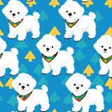 Fototapeta Kosmos - Cute Bichon Frise. White fluffy dog. Puppy wearing sweater. Pretty funny character. Cartoon Style. Hand drawn Vector illustartion. Squre Seamless Pattern. blue Background