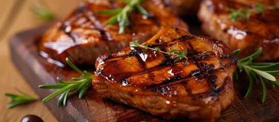 Poster - Grilled pork steaks marinated in cherry wine.