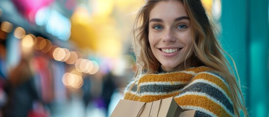 Canvas Print - Picture of a charming woman wearing striped sweater smiling among shoppers on a teal background.