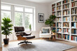 © Nuwan Buddhika - modern library with cozy armchair and book shelves with books arranged in room with potted plant