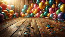Party Wooden Table Decorated For Celebration With Various Decorations And Colorful Balloons