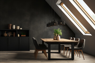 Wall Mural - Interior of attic living room with gray walls, wooden floor, dark wooden table with black chairs and window. 3d rendering