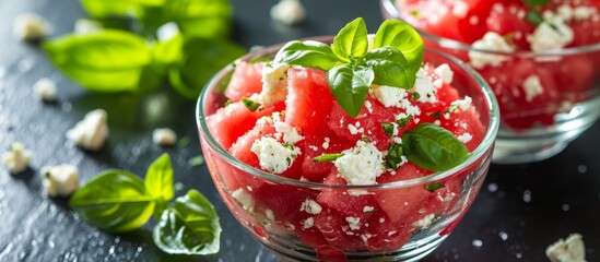 Canvas Print - Healthy summer dessert made with watermelon, feta cheese, and basil.