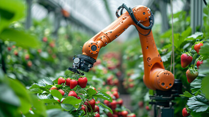 Wall Mural - Agricultural robotic industry is picking a strawberry