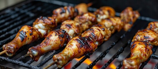 Canvas Print - Grilling chicken legs on a metal skewer.