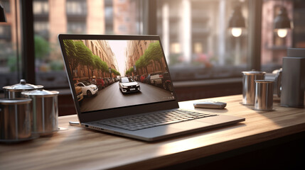 Canvas Print - laptop and a cup of coffee on the table in front of the window, work from home concept