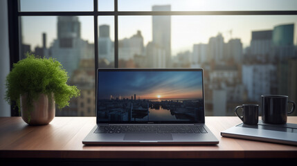 Wall Mural - laptop and a cup of coffee on the table in front of the window, work from home concept