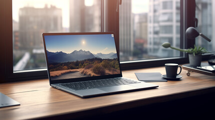 Wall Mural - laptop and a cup of coffee on the table in front of the window, work from home concept