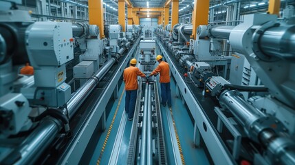 Leinwandbilder - High angle view, in a clean modern factory, engineers working on high tech machines. Generative AI.