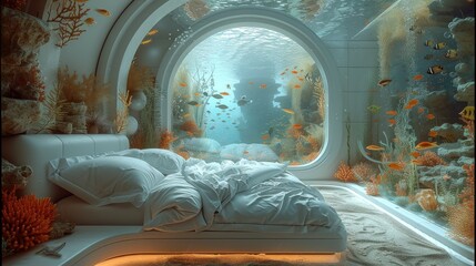 Wall Mural - Incredible futuristic underwater bedroom, big panoramic view of the tropical fishes and reef. Generative AI.