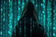 Hacker theme: A dark, hooded portrait of a mysterious person, cyber theft concept. Green biometric background. Binary