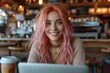 © visoot - Happy girl with pink hair drinks coffee in a cafe with laptop. Generative AI.