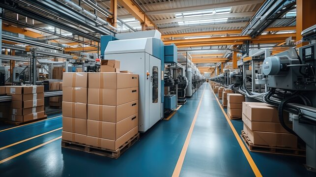 Meter injection molding factory, A injection molding machines are located with stacks of cardboard boxes are neatly piled. Generative AI.