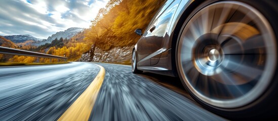 Sticker - Car driving on a mountain road with a low angle, wheel in focus and natural motion blur.