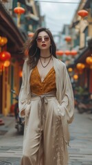 Canvas Print - The fashionable Chinese woman wears fashionable clothes and walks confidently in the street. Generative AI.