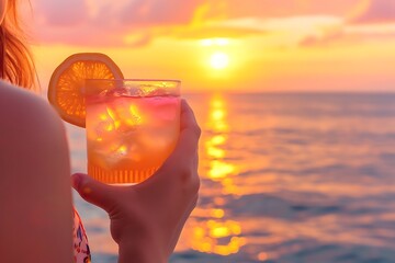 glass with summer juice in womans hand on a background of the sea, refreshing alcohol drink lifestyle
