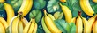 Seamless pattern with bananas and leaves isolated background. Top view of whole bananas on the decorative background