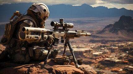 Wall Mural - An AI-guided sniper rifle, perched on a strategic vantage point, surveys a vast desert landscape, its targeting system locked onto potential threats with precision