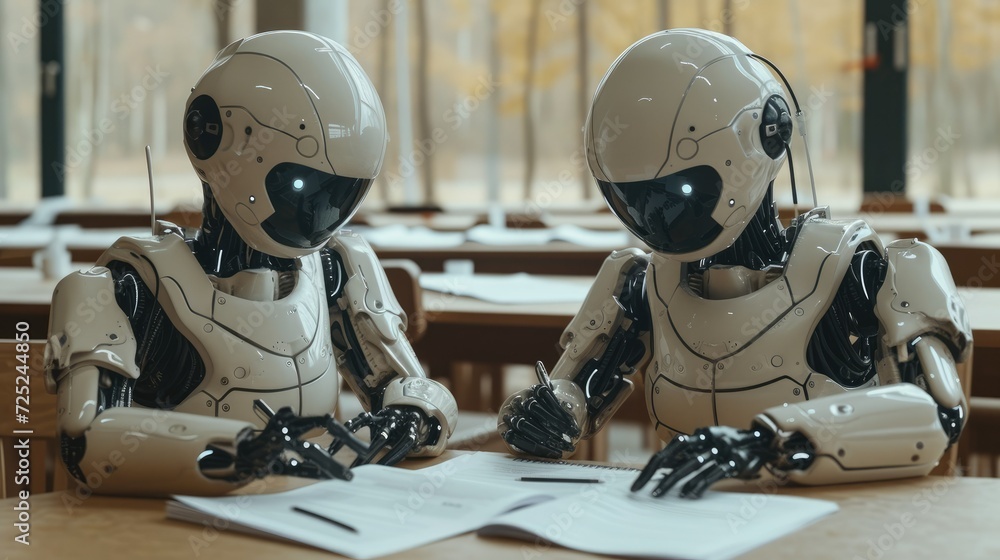Robots Doing Test Two robots taking a school test on paper at a desk like school children ...