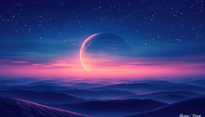 A crescent moon and stars in the night sky. The crescent moon is shining bright in the sky and is surrounded by stars. The background is a beautiful gradient of blue and purple