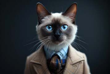 Wall Mural - Siamese cat in business suit on dark background. Generative AI.