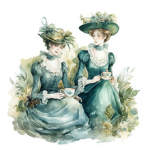Classical Woman Drinking Tea On Transparent Isolation, Retro Afternoon Tea Series Clipart, Afternoon Tea Clipart, Children's Clipart That Can Be Printed Directly